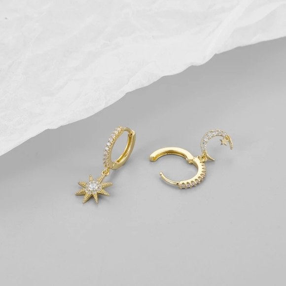 NEW Moon & Star CZ Gold Hoop Earrings -S925 - Picture 4 of 5
